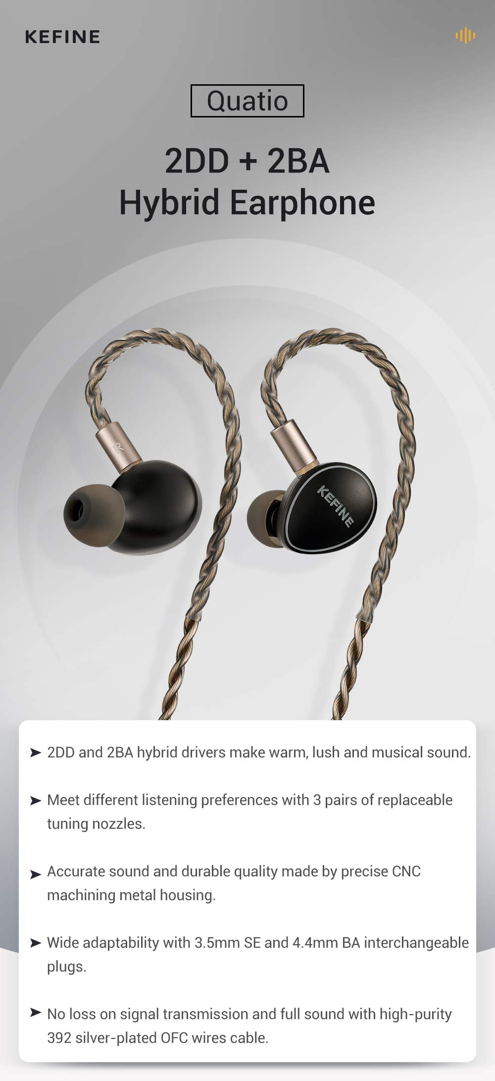 Quatio - 2DD + 2BA Hybrid Hifi Earphone-Kefine